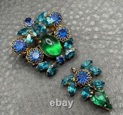 VTG Dog Tooth Prong Blue Green Rhinestone Cupcake Setting Brooch Dangle REPAIR