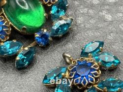 VTG Dog Tooth Prong Blue Green Rhinestone Cupcake Setting Brooch Dangle REPAIR
