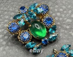 VTG Dog Tooth Prong Blue Green Rhinestone Cupcake Setting Brooch Dangle REPAIR