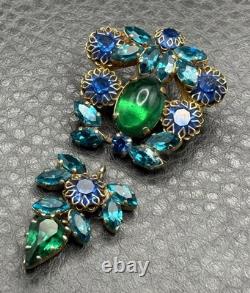VTG Dog Tooth Prong Blue Green Rhinestone Cupcake Setting Brooch Dangle REPAIR
