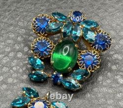 VTG Dog Tooth Prong Blue Green Rhinestone Cupcake Setting Brooch Dangle REPAIR