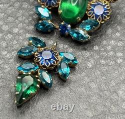 VTG Dog Tooth Prong Blue Green Rhinestone Cupcake Setting Brooch Dangle REPAIR