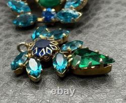 VTG Dog Tooth Prong Blue Green Rhinestone Cupcake Setting Brooch Dangle REPAIR