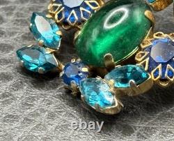 VTG Dog Tooth Prong Blue Green Rhinestone Cupcake Setting Brooch Dangle REPAIR