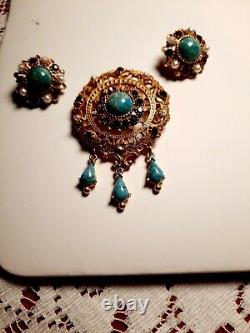 VTG FLORENZA Faux Turquoise, Rubies Rhinestone Seed Pearls Brooch & Earrings