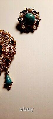 VTG FLORENZA Faux Turquoise, Rubies Rhinestone Seed Pearls Brooch & Earrings