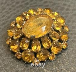 VTG Faux Amber Citrine Glass Crystal Open Back Czech Or Austrian Dome Brooch