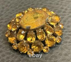VTG Faux Amber Citrine Glass Crystal Open Back Czech Or Austrian Dome Brooch
