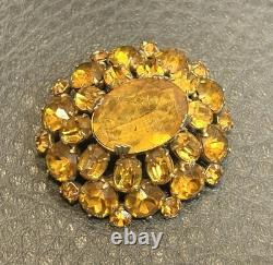 VTG Faux Amber Citrine Glass Crystal Open Back Czech Or Austrian Dome Brooch