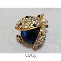 VTG HATTIE CARNEGIE Ladybug Brooch Pin Rhinestone Faux Pearl Blue Cabochon