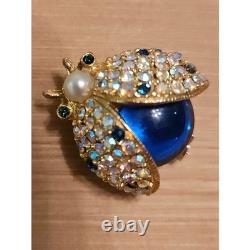 VTG HATTIE CARNEGIE Ladybug Brooch Pin Rhinestone Faux Pearl Blue Cabochon