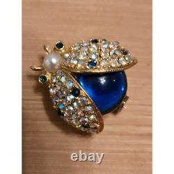 VTG HATTIE CARNEGIE Ladybug Brooch Pin Rhinestone Faux Pearl Blue Cabochon