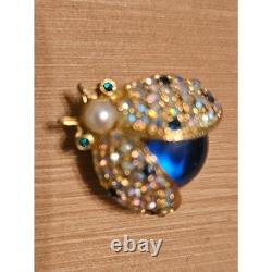 VTG HATTIE CARNEGIE Ladybug Brooch Pin Rhinestone Faux Pearl Blue Cabochon
