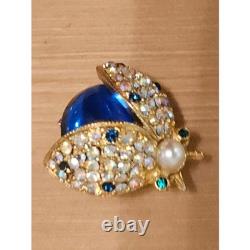VTG HATTIE CARNEGIE Ladybug Brooch Pin Rhinestone Faux Pearl Blue Cabochon