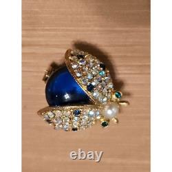 VTG HATTIE CARNEGIE Ladybug Brooch Pin Rhinestone Faux Pearl Blue Cabochon