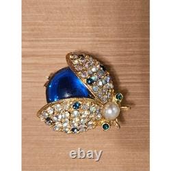 VTG HATTIE CARNEGIE Ladybug Brooch Pin Rhinestone Faux Pearl Blue Cabochon