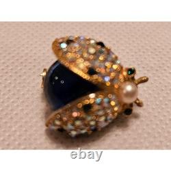 VTG HATTIE CARNEGIE Ladybug Brooch Pin Rhinestone Faux Pearl Blue Cabochon