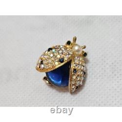 VTG HATTIE CARNEGIE Ladybug Brooch Pin Rhinestone Faux Pearl Blue Cabochon