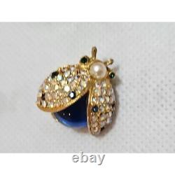 VTG HATTIE CARNEGIE Ladybug Brooch Pin Rhinestone Faux Pearl Blue Cabochon