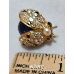 VTG HATTIE CARNEGIE Ladybug Brooch Pin Rhinestone Faux Pearl Blue Cabochon