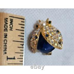 VTG HATTIE CARNEGIE Ladybug Brooch Pin Rhinestone Faux Pearl Blue Cabochon
