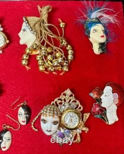 VTG Handmade Lady Face Jewelry Lot Hand Painted Figural Brooch Art Deco READ