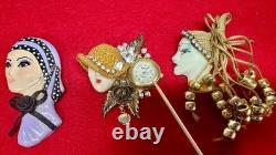 VTG Handmade Lady Face Jewelry Lot Hand Painted Figural Brooch Art Deco READ