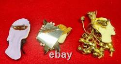 VTG Handmade Lady Face Jewelry Lot Hand Painted Figural Brooch Art Deco READ