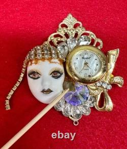 VTG Handmade Lady Face Jewelry Lot Hand Painted Figural Brooch Art Deco READ