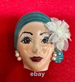 VTG Handmade Lady Face Jewelry Lot Hand Painted Figural Brooch Art Deco READ