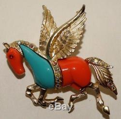 VTG Hattie Carnegie Faux Coral & Turquoise Pegasus Horse Rhinestones Pin Brooch