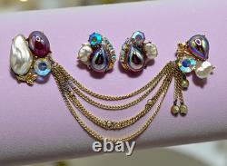 VTG High-End Dragon Breath Cabs Faux Pearl AB Rhinestone Chained Brooch Earrings