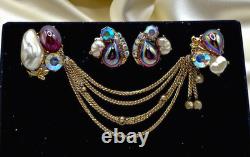VTG High-End Dragon Breath Cabs Faux Pearl AB Rhinestone Chained Brooch Earrings