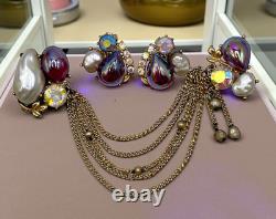 VTG High-End Dragon Breath Cabs Faux Pearl AB Rhinestone Chained Brooch Earrings