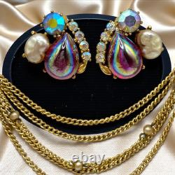 VTG High-End Dragon Breath Cabs Faux Pearl AB Rhinestone Chained Brooch Earrings