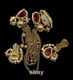 VTG High-End Dragon Breath Cabs Faux Pearl AB Rhinestone Chained Brooch Earrings