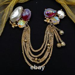 VTG High-End Dragon Breath Cabs Faux Pearl AB Rhinestone Chained Brooch Earrings