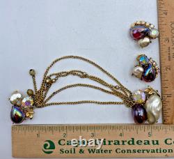 VTG High-End Dragon Breath Cabs Faux Pearl AB Rhinestone Chained Brooch Earrings