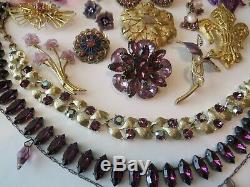 VTG Hight End Rhinestone Sapphire Brooch Necklace Earrings Lot Trifari Lisner