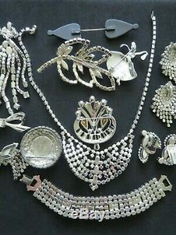 VTG Hight End Sparkle Rhinestone Brooch Necklace Earrings Lot Weiss