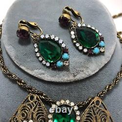 VTG Hobe- Parure- Brooch/ Pendent- Necklace- Earrings Art Glass Rhinestone