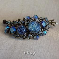 VTG Hollycraft Blue Rhinestone Flowers Leaf Enamel Jappaned Brooch