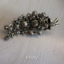 VTG Hollycraft Blue Rhinestone Flowers Leaf Enamel Jappaned Brooch