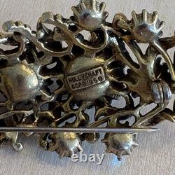 VTG Hollycraft Blue Rhinestone Flowers Leaf Enamel Jappaned Brooch
