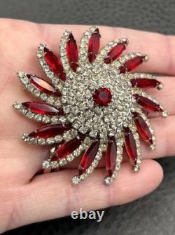 VTG Huge Attributed To Kramer Red Rhinestone Starburst Brooch Silver Tone Pin