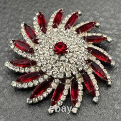 VTG Huge Attributed To Kramer Red Rhinestone Starburst Brooch Silver Tone Pin
