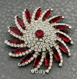 VTG Huge Attributed To Kramer Red Rhinestone Starburst Brooch Silver Tone Pin
