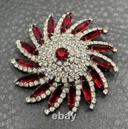VTG Huge Attributed To Kramer Red Rhinestone Starburst Brooch Silver Tone Pin