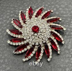 VTG Huge Attributed To Kramer Red Rhinestone Starburst Brooch Silver Tone Pin