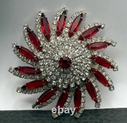 VTG Huge Attributed To Kramer Red Rhinestone Starburst Brooch Silver Tone Pin